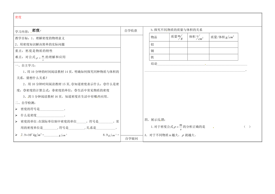 山西省灵石县教育科技局教研室九年级物理全册 密度学案（无答案）（新版）新人教版_第1页