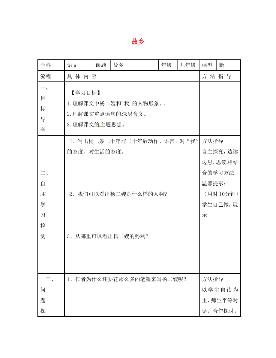 河南省濮阳市范县濮城镇中学九年级语文上册 9 故乡学案2（无答案） 新人教版_第1页