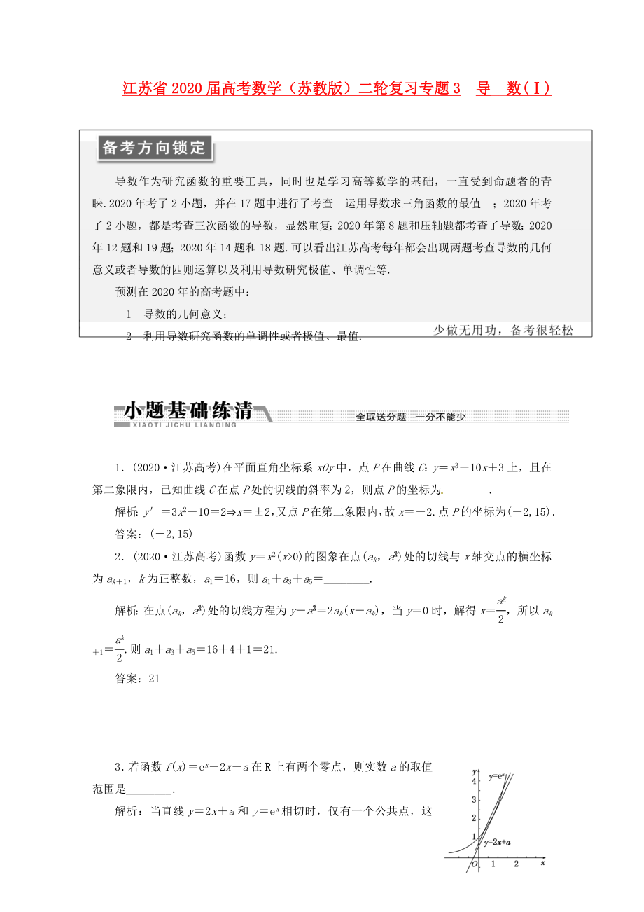 江蘇省2020屆高考數(shù)學(xué)二輪復(fù)習(xí) 專題3 導(dǎo)數(shù)(Ⅰ)_第1頁