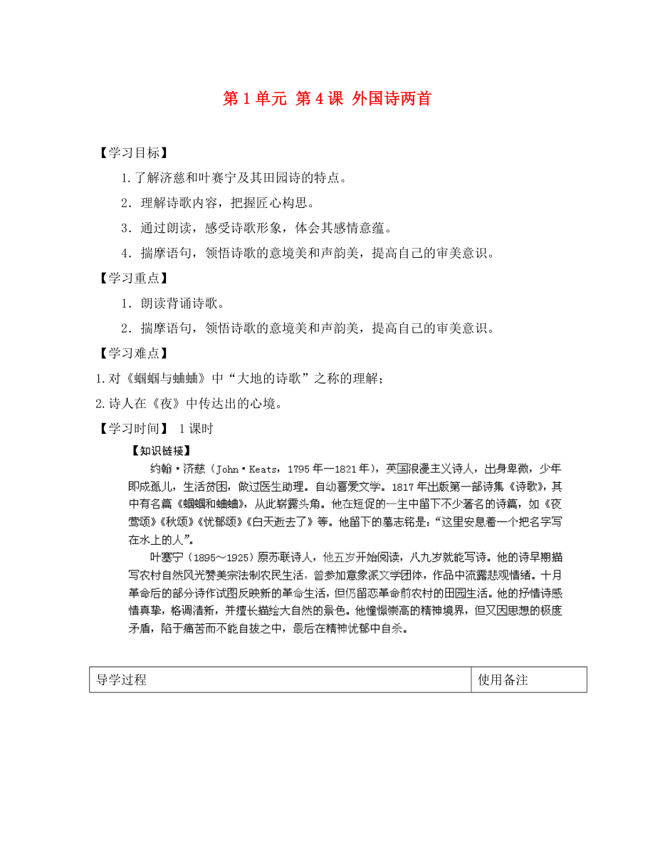 江蘇省銅山區(qū)清華中學(xué)九年級(jí)語(yǔ)文上冊(cè) 第1單元 第4課 外國(guó)詩(shī)兩首導(dǎo)學(xué)案（無(wú)答案） 新人教版_第1頁(yè)