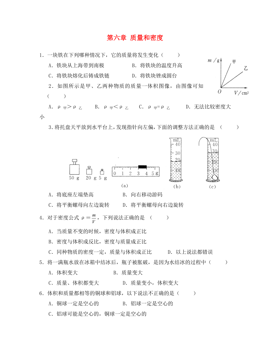 河南省開封市化建中學(xué)2020學(xué)年八年級物理上學(xué)期期末單元綜合達(dá)標(biāo)測試《第六章 質(zhì)量和密度》（無答案） 新人教版_第1頁