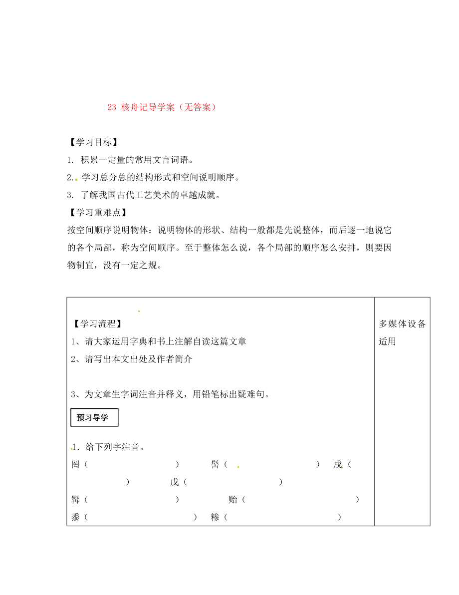 河南省范縣白衣閣鄉(xiāng)二中八年級(jí)語(yǔ)文上冊(cè) 23 核舟記導(dǎo)學(xué)案（無(wú)答案） 新人教版_第1頁(yè)