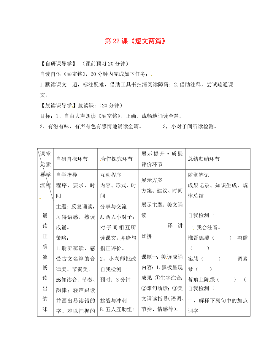 浙江省臺州市天臺縣始豐中學(xué)八年級語文上冊 第22課《短文兩篇》陋室銘導(dǎo)學(xué)案（無答案） 新人教版_第1頁