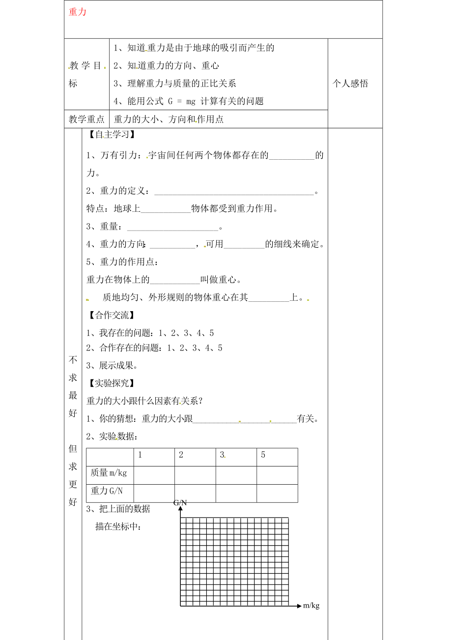 河北省贊皇縣第二中學(xué)九年級(jí)物理全冊(cè) 第13章 第2節(jié) 重力教學(xué)案（無(wú)答案） （新版）新人教版（通用）_第1頁(yè)