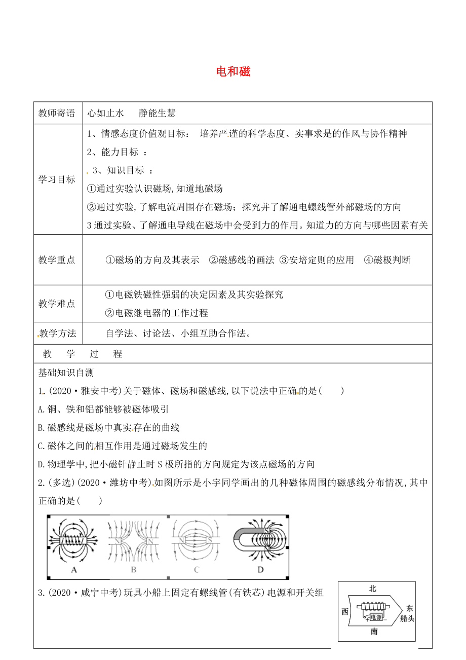 山東省廣饒縣丁莊鎮(zhèn)中心初級中學(xué)九年級物理全冊 20 電與磁復(fù)習(xí)學(xué)案（無答案）（新版）新人教版_第1頁