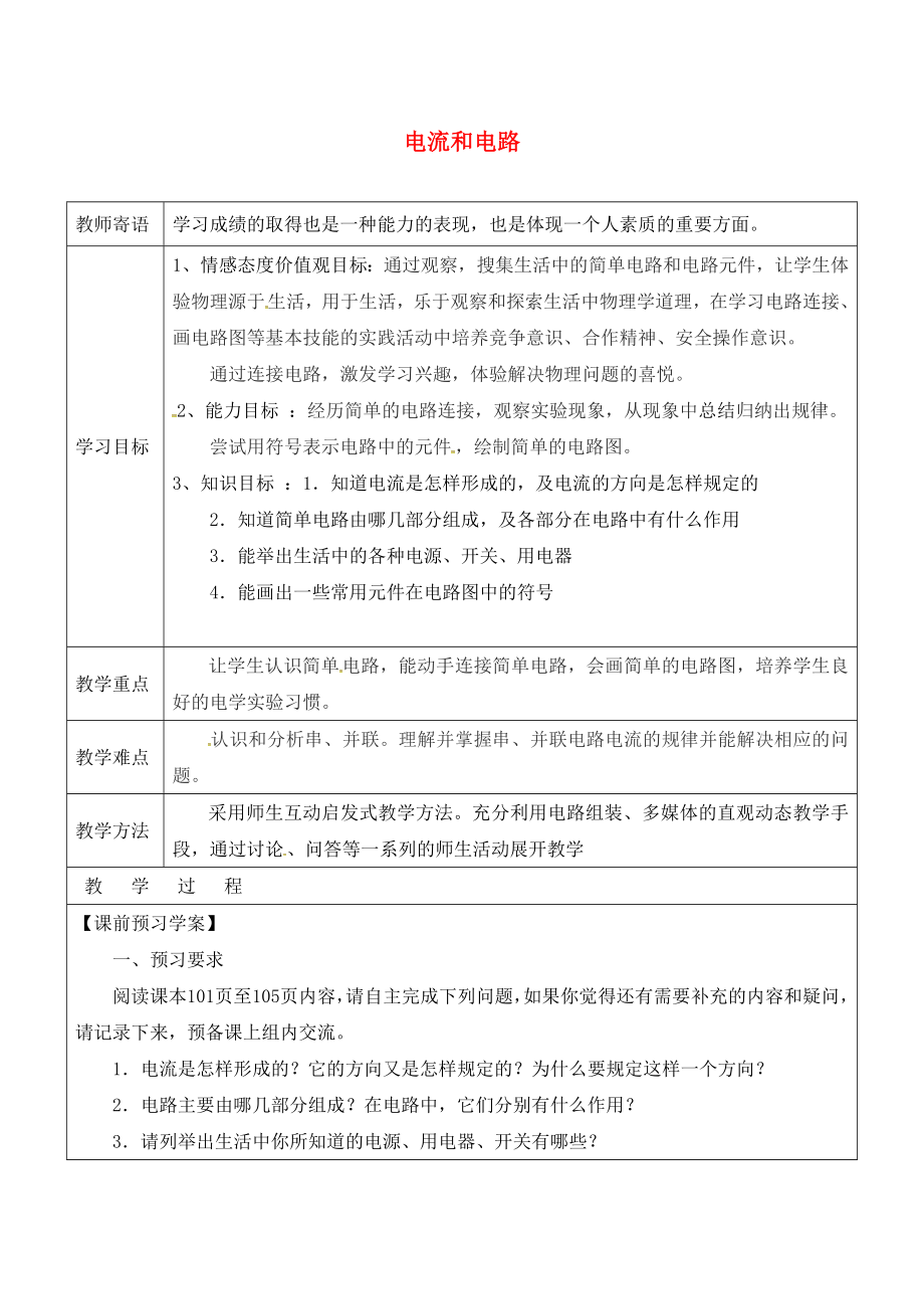 山東省廣饒縣丁莊鎮(zhèn)中心初級中學(xué)九年級物理全冊 15.2 電流和電路學(xué)案（無答案）（新版）新人教版_第1頁