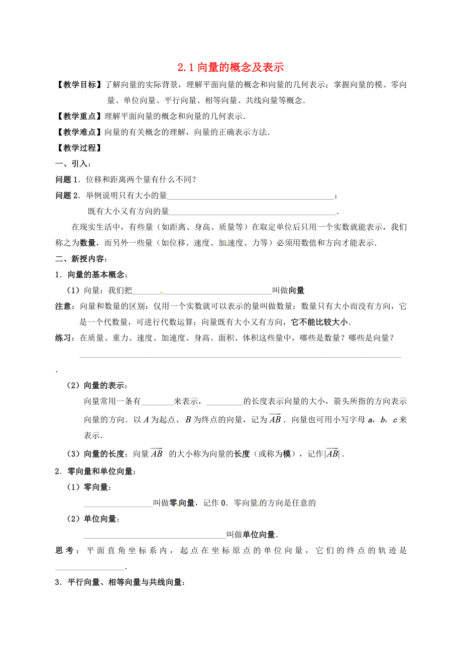 江蘇省鎮(zhèn)江市丹徒鎮(zhèn)高中數(shù)學 2.1 向量的概念及表示學案（無答案）蘇教版必修4_第1頁