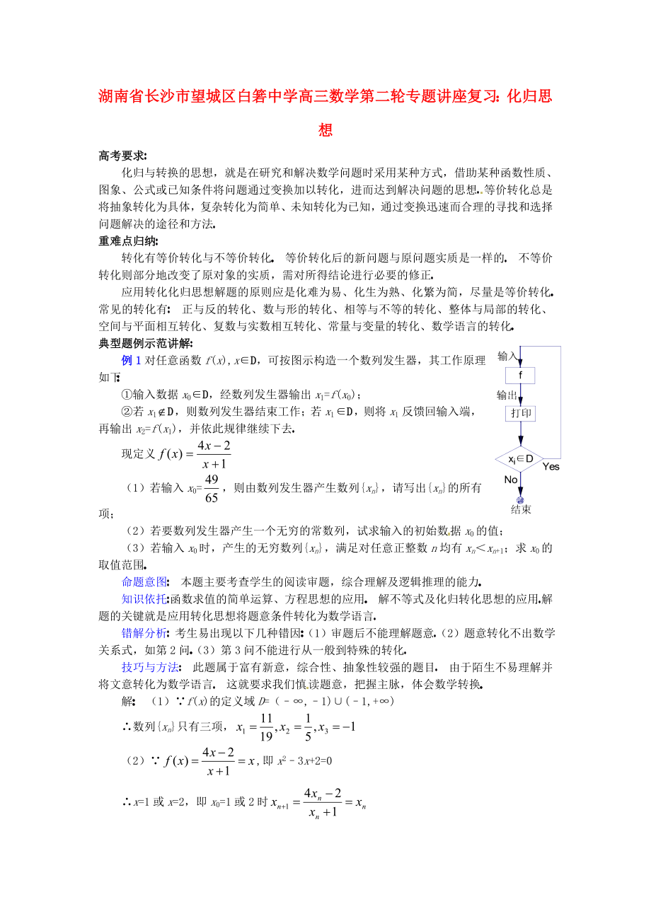 湖南省長沙市望城區(qū)白箬中學高三數(shù)學第二輪專題講座復習 化歸思想_第1頁