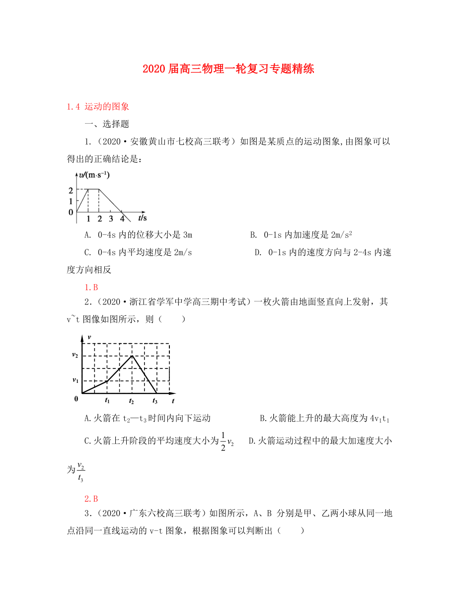 2020屆高三物理一輪復(fù)習(xí)專題精練1.4 運(yùn)動的圖象（通用）_第1頁