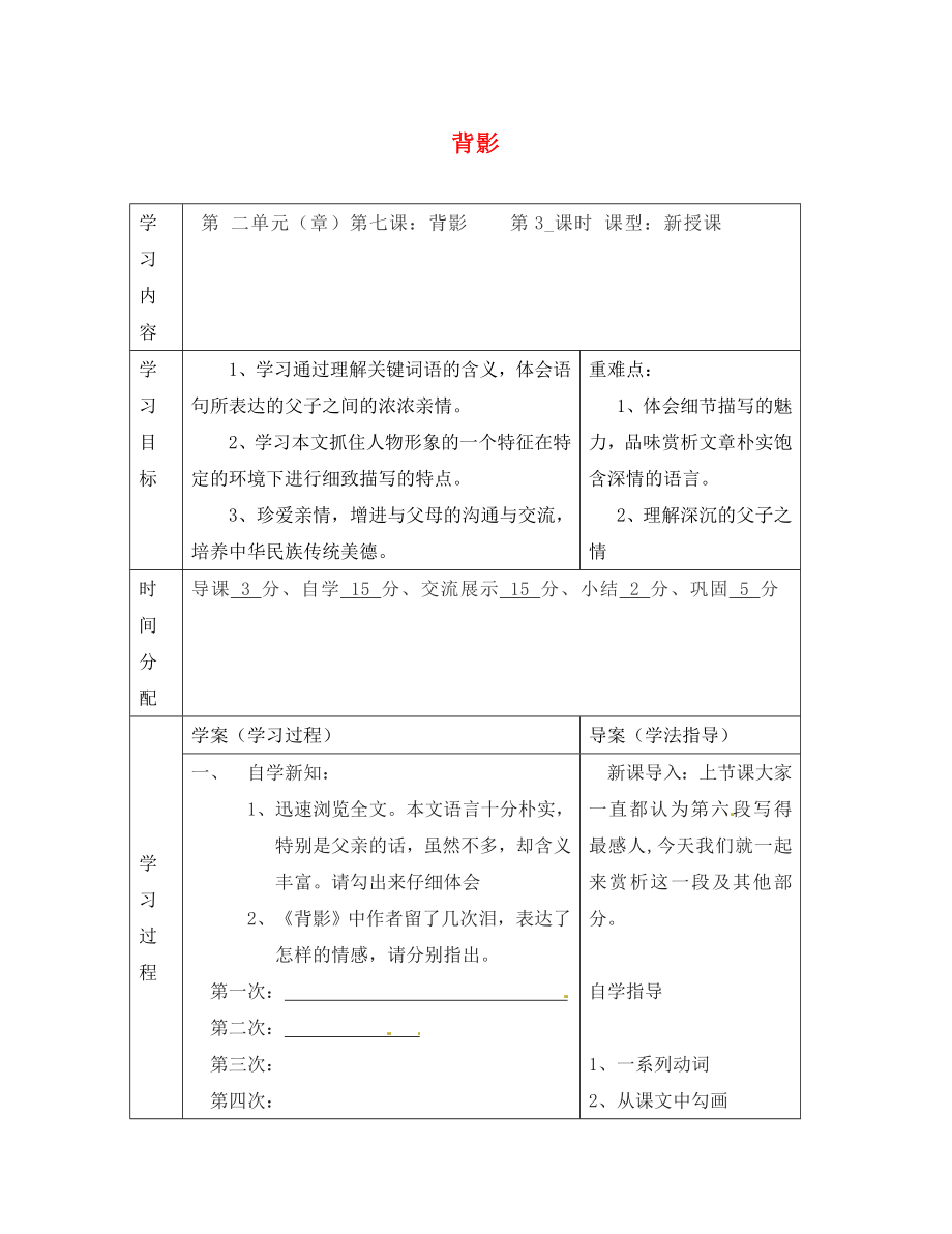 陜西省山陽縣色河中學八年級語文上冊 7 背影（第3課時）學案（無答案）（新版）新人教版_第1頁