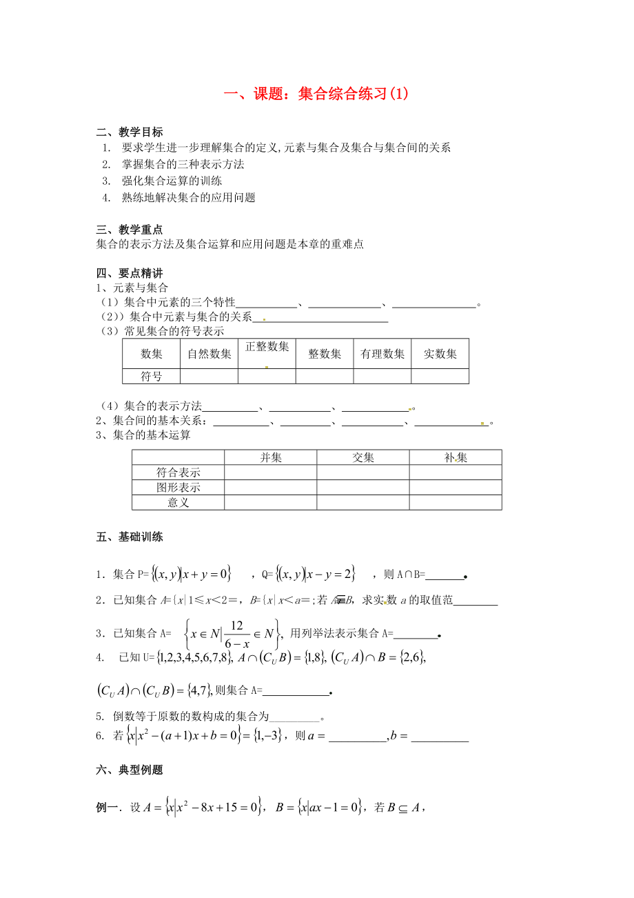 江蘇省江陰市山觀高級(jí)中學(xué)高中數(shù)學(xué) 第一章《集合》集合的運(yùn)算（1）教學(xué)案（無(wú)答案）蘇教版必修1_第1頁(yè)