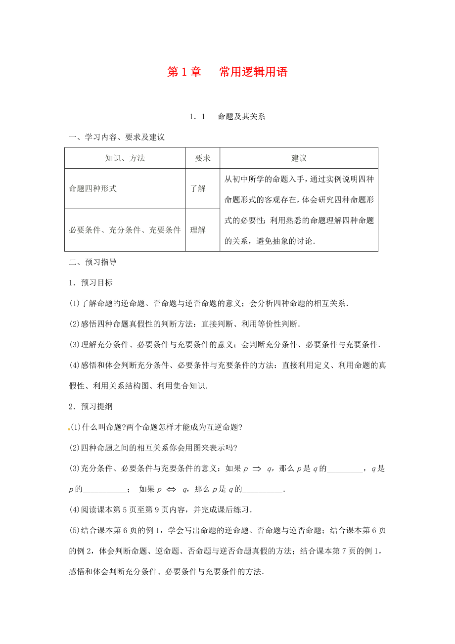 江蘇省蘇州市第五中學(xué)高中數(shù)學(xué) 第一章 常用邏輯用語(yǔ)學(xué)案（無(wú)答案）蘇教版選修2-1_第1頁(yè)