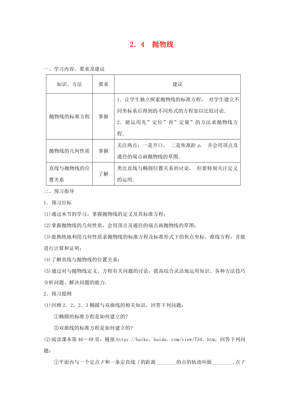 江蘇省蘇州市第五中學(xué)高中數(shù)學(xué) 2.4拋物線學(xué)案（無答案）蘇教版選修2-1_第1頁