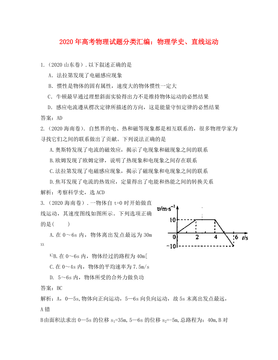 2020年高考物理試題分類匯編 物理學(xué)史、直線運動_第1頁