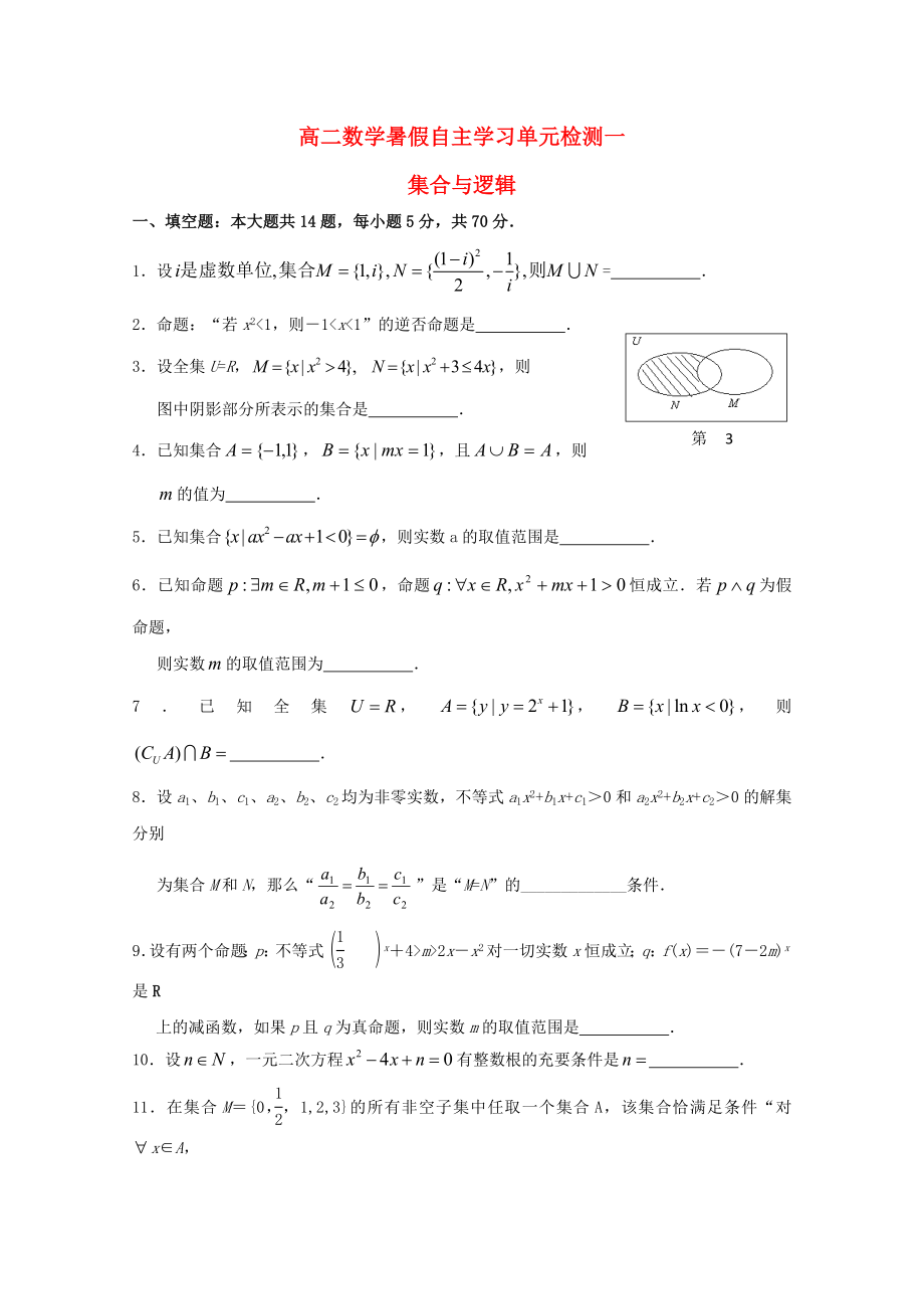 江蘇省南通市通州區(qū)2020年高二數(shù)學(xué)暑假補(bǔ)充練習(xí) 單元檢測(cè)一 集合與邏輯_第1頁(yè)