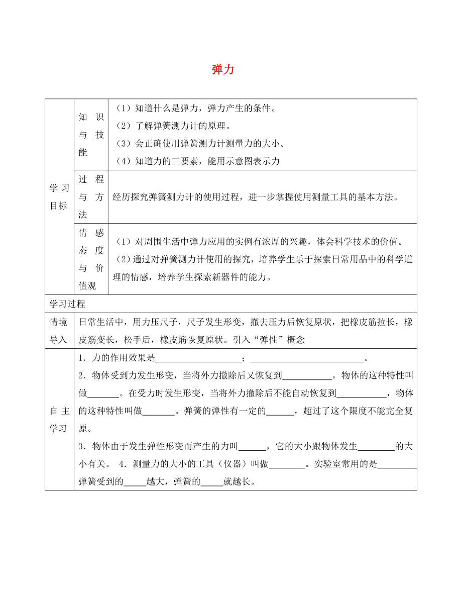 河北省遵化市石門鎮(zhèn)義井鋪中學(xué)八年級(jí)物理下冊 第七章 第二節(jié) 彈力導(dǎo)學(xué)案（無答案）（新版）新人教版_第1頁