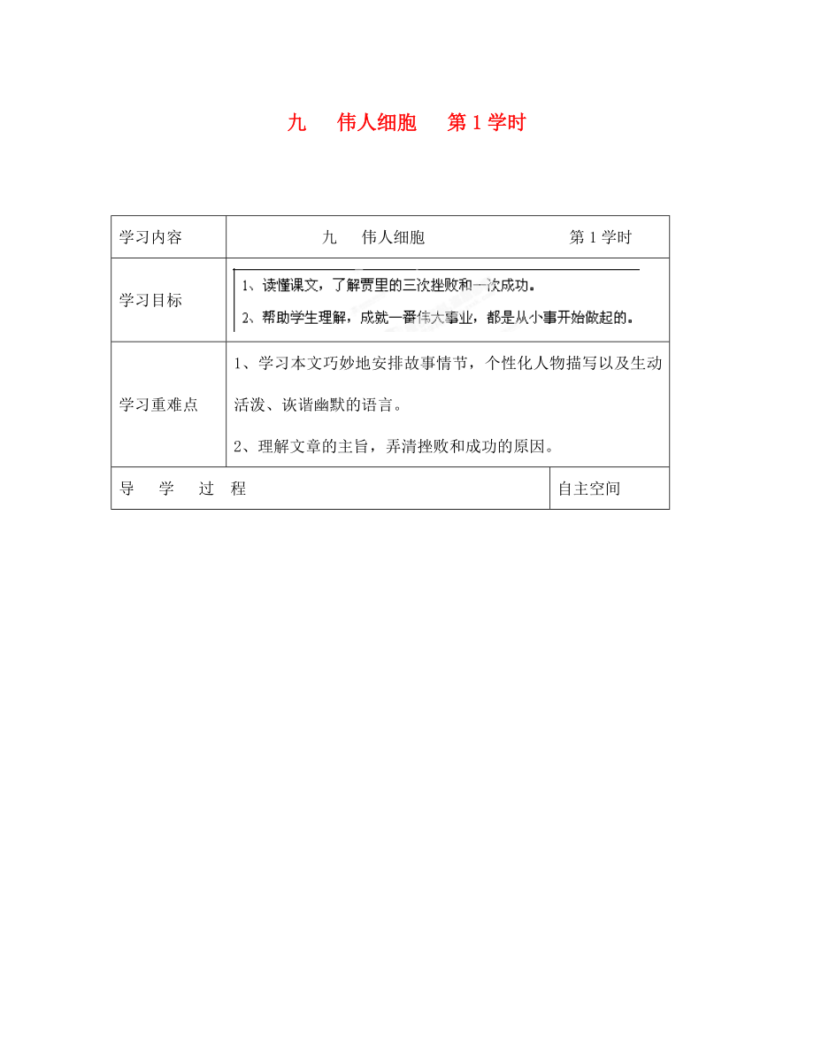 海南省海口市第十四中學(xué)七年級語文上冊 第9課《偉人細(xì)胞 第1學(xué)時》導(dǎo)學(xué)案（無答案） 蘇教版_第1頁