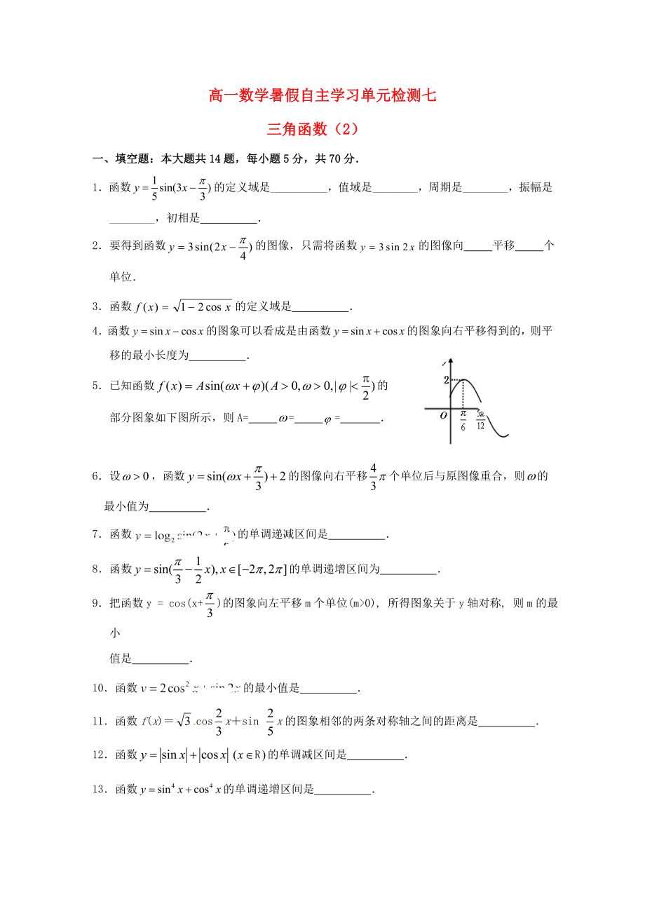 江蘇省南通市通州區(qū)2020年高一數(shù)學(xué)暑假自主學(xué)習(xí) 單元檢測七 三角函數(shù)（2）_第1頁