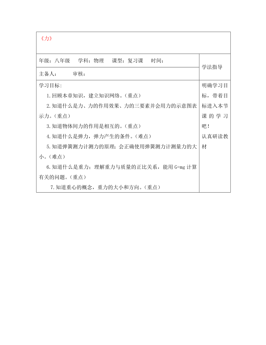 安徽省阜阳市太和县郭庙中学八年级物理下册 第七章 力复习导学案（无答案）（新版）新人教版_第1页