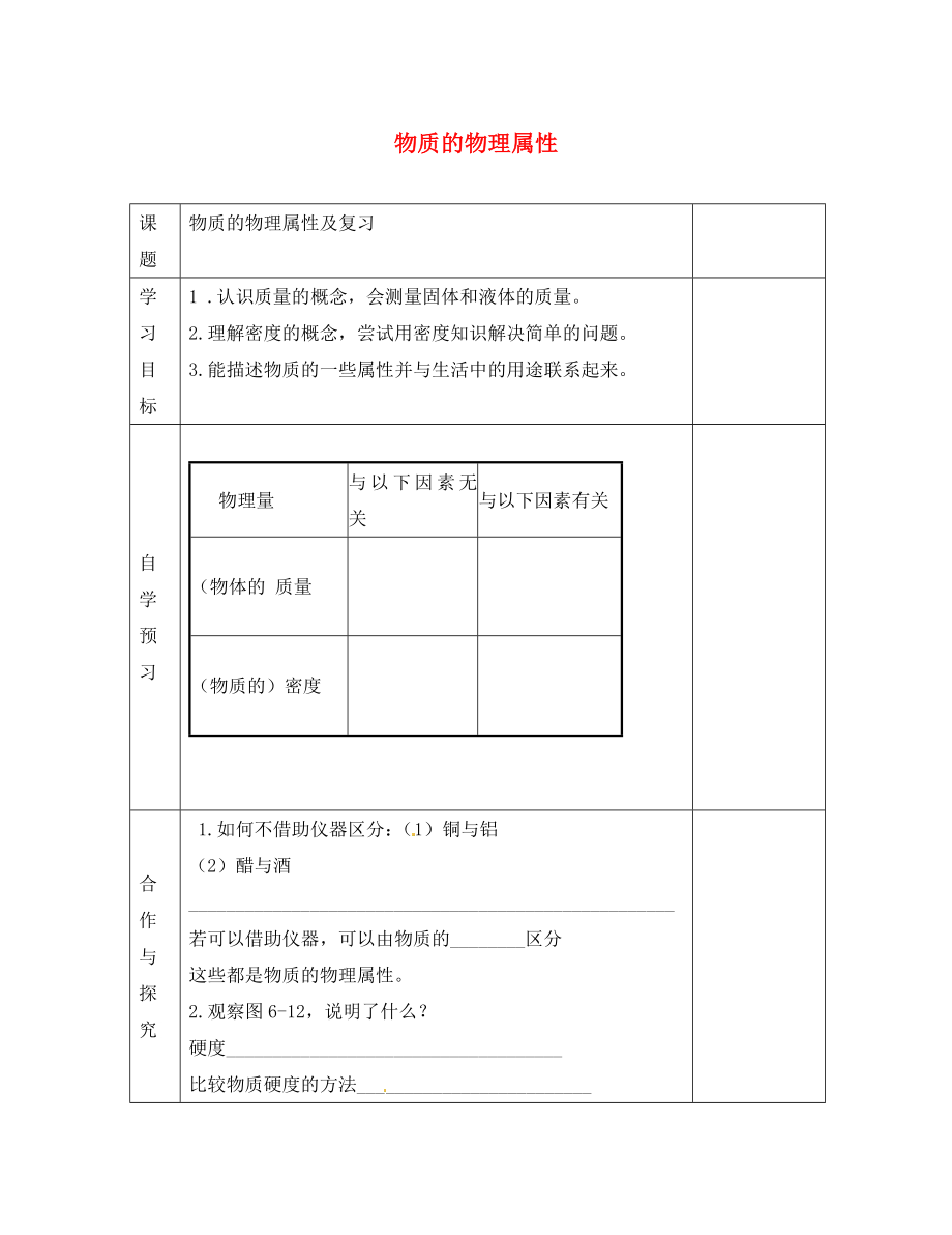 江蘇省徐州黃山外國(guó)語(yǔ)學(xué)校八年級(jí)物理下冊(cè) 物質(zhì)的物理屬性學(xué)案（無(wú)答案） 蘇科版_第1頁(yè)