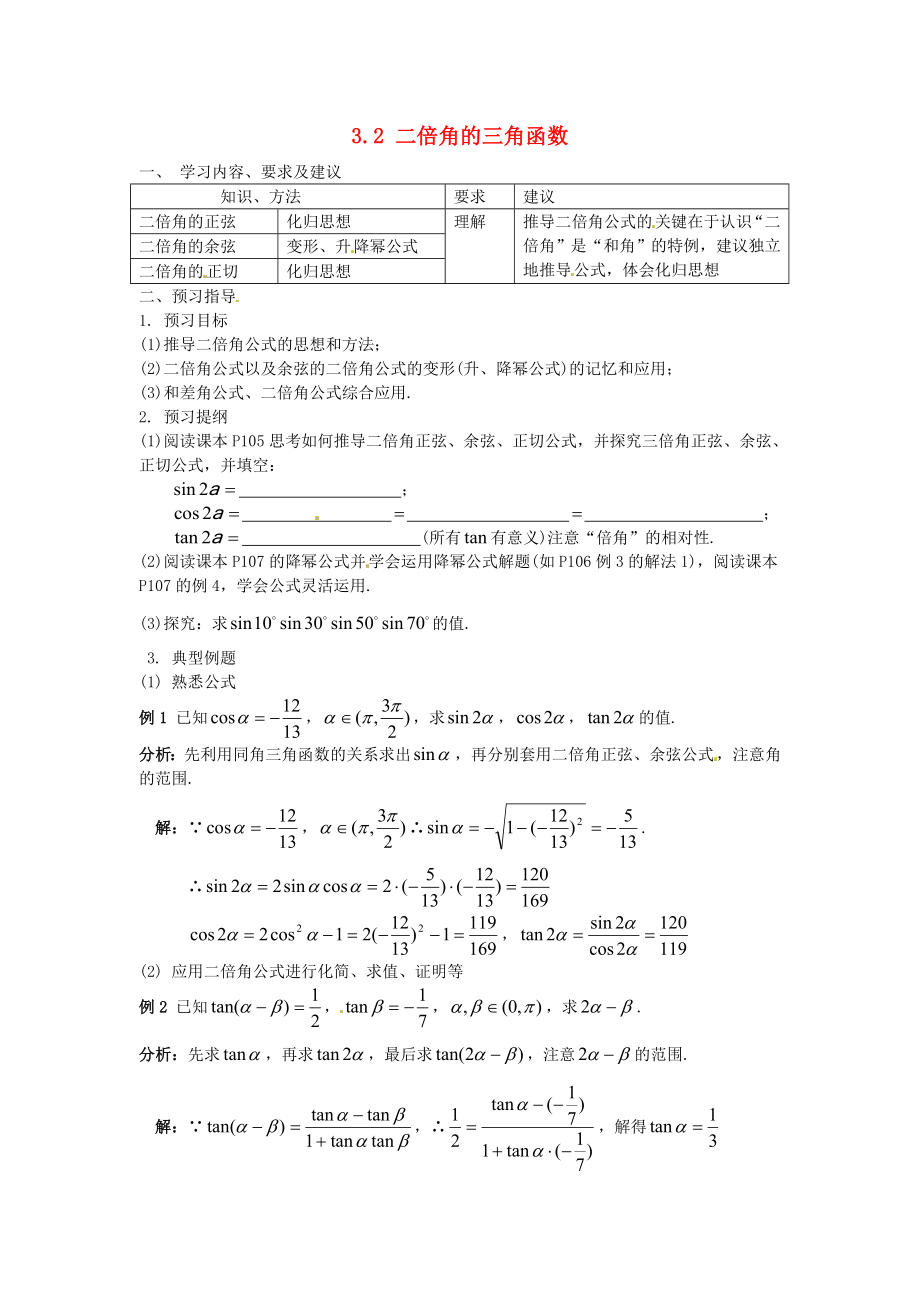 江蘇省蘇州市第五中學(xué)高中數(shù)學(xué) 3.2二倍角的三角函數(shù)學(xué)案 蘇教版必修4_第1頁(yè)