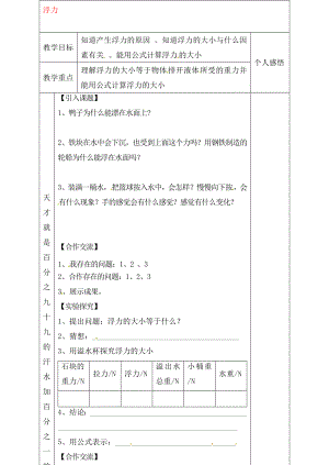 河北省贊皇縣第二中學九年級物理全冊 第14章 第5節(jié) 浮力教學案（無答案） 新人教版（通用）