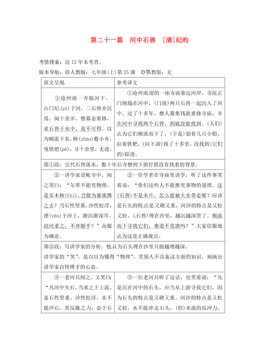 重庆市2020中考语文试题研究 第二部分 古诗文积累与阅读 专题二 文言文阅读 第二十一篇 河中石兽素材_第1页