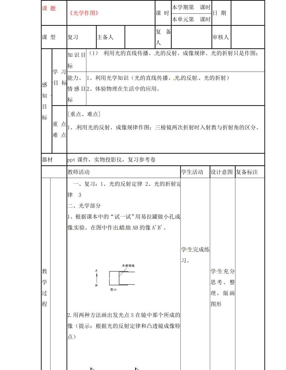 山東省鄒平縣實驗中學(xué)八年級物理上冊《光學(xué)作圖》教案（1） 新人教版_第1頁