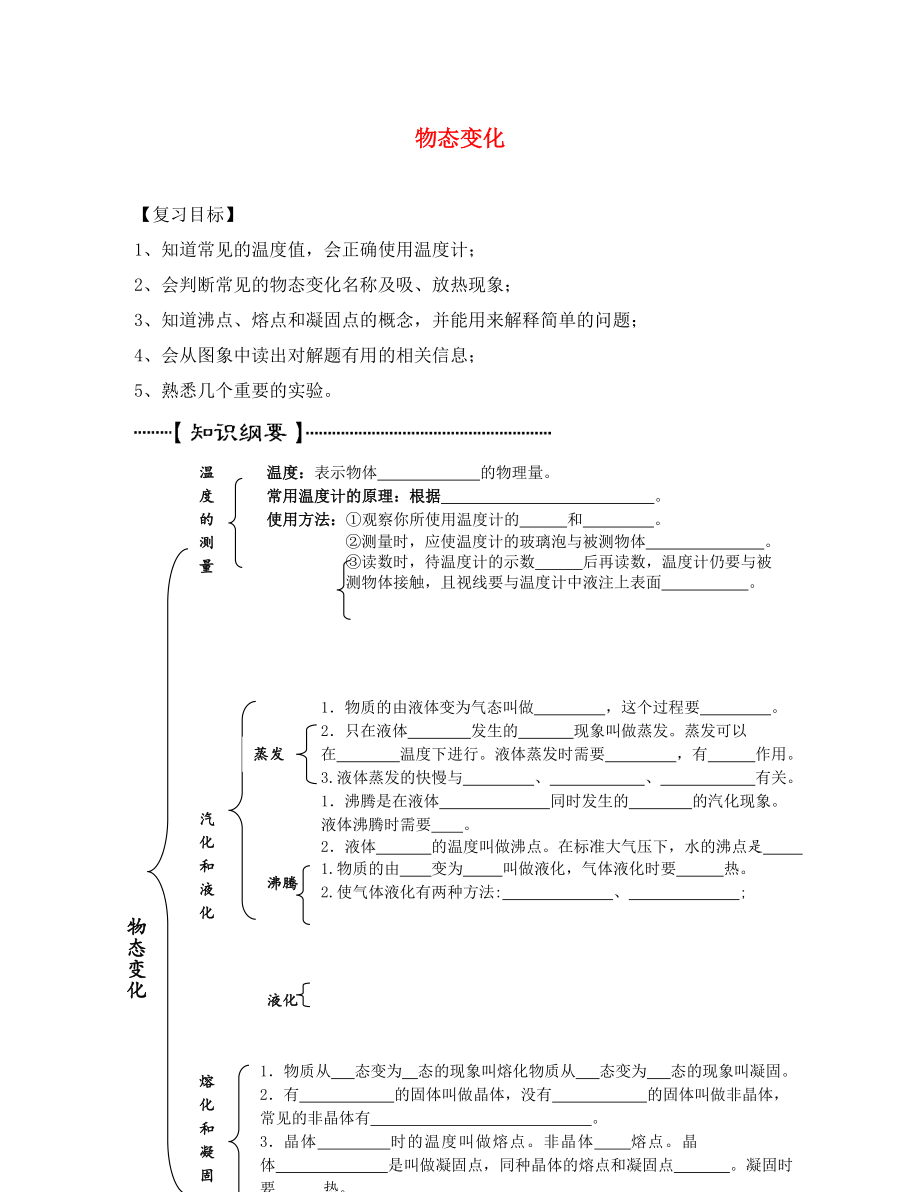 江苏省无锡市前洲中学八年级物理上册 第二章 物态变化复习学案（无答案）（新版）苏科版_第1页