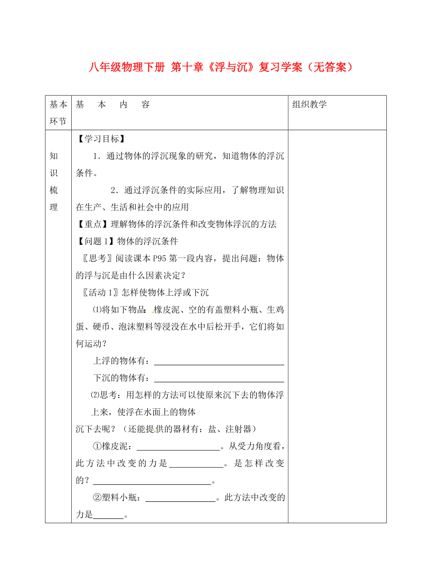 江蘇省沭陽(yáng)縣官墩初級(jí)中學(xué)八年級(jí)物理下冊(cè) 第十章《浮與沉》復(fù)習(xí)學(xué)案（無(wú)答案）（新版）新人教版_第1頁(yè)