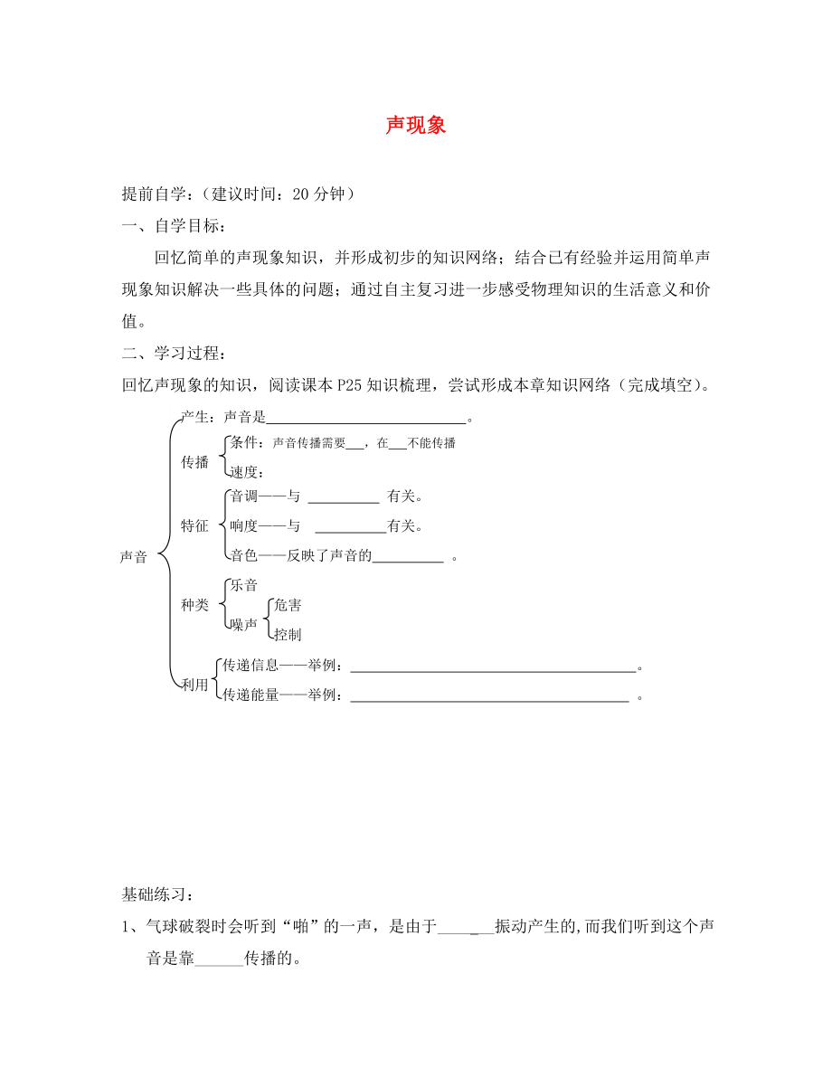 江蘇省南京市溧水區(qū)孔鎮(zhèn)中學(xué)八年級物理上冊 第一章 聲現(xiàn)象學(xué)案（無答案） 蘇科版_第1頁