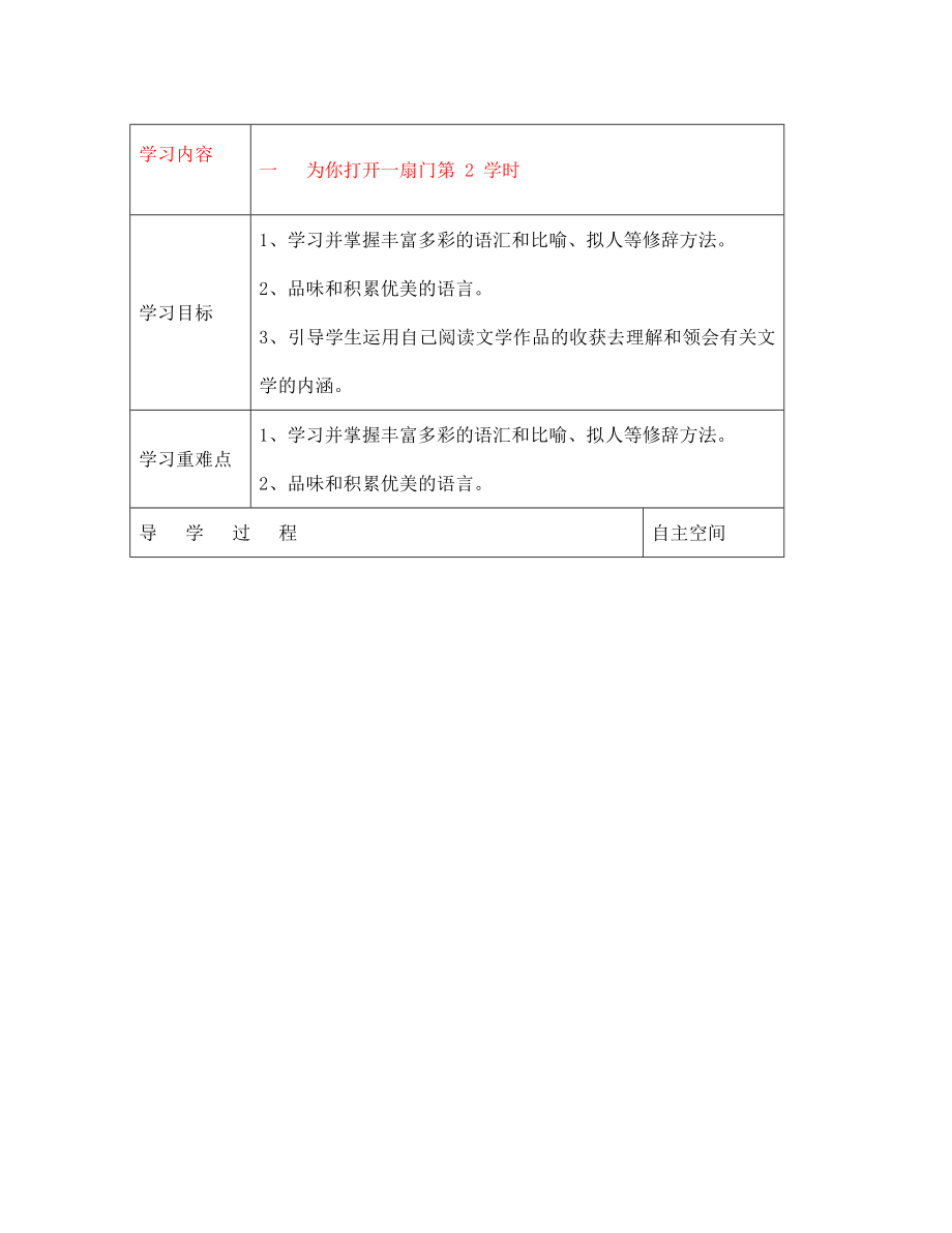 江蘇省連云港灌云縣龍苴中學(xué)七年級(jí)語文上冊(cè)《為你打開一扇門第2學(xué)時(shí)》導(dǎo)學(xué)案（無答案）_第1頁