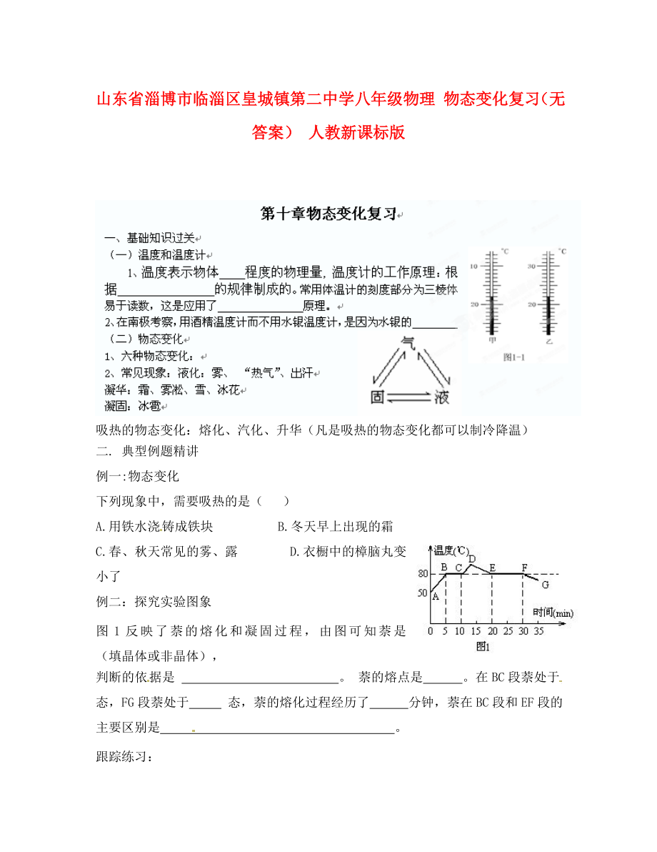 山東省淄博市臨淄區(qū)皇城鎮(zhèn)第二中學(xué)八年級(jí)物理 物態(tài)變化復(fù)習(xí)（無答案） 人教新課標(biāo)版_第1頁