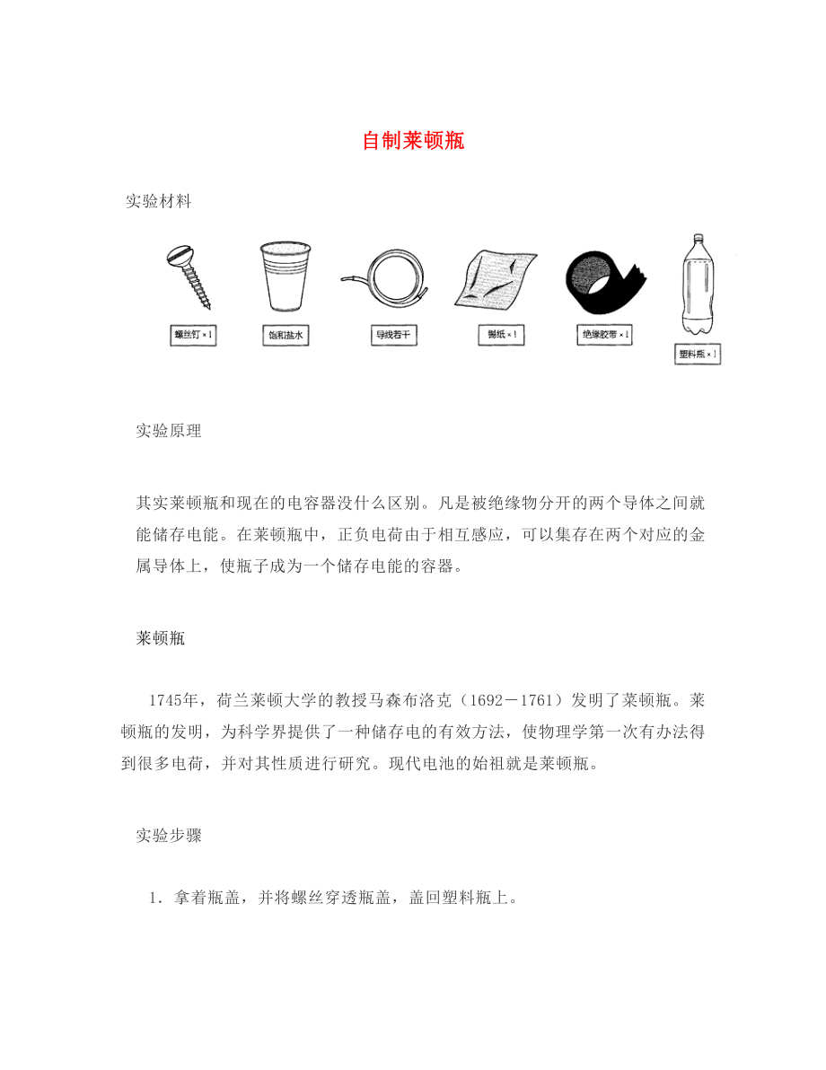 高中物理 第2章 電勢能與電勢差 第4節(jié) 電容器 電容 自制萊頓瓶（電容）素材 魯科版選修3-1（通用）_第1頁