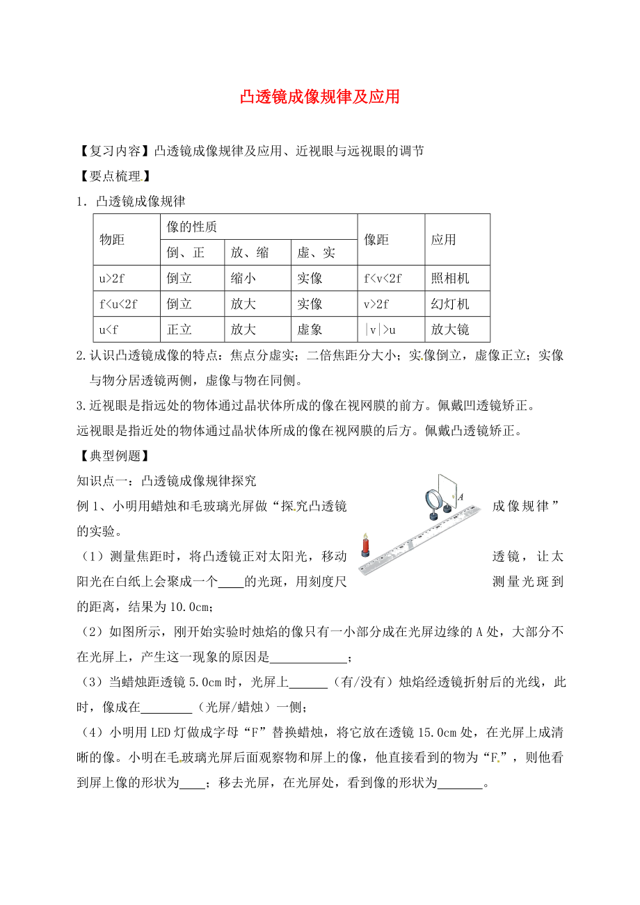 江蘇省丹徒區(qū)2020中考物理復(fù)習(xí) 凸透鏡成像的規(guī)律及應(yīng)用學(xué)案（無(wú)答案）_第1頁(yè)