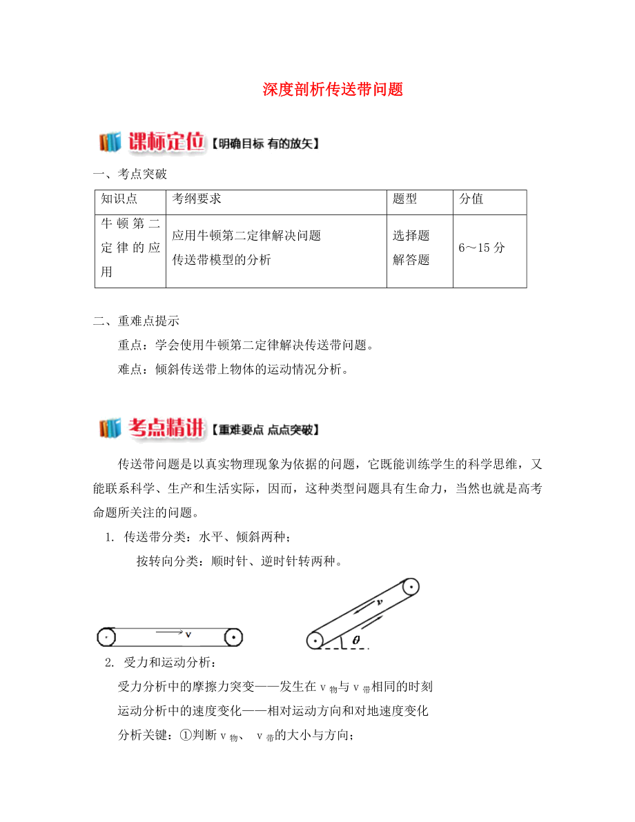 2020高中物理 牛顿定律应用专题 4 深度剖析传送带问题学案 新人教版必修1_第1页