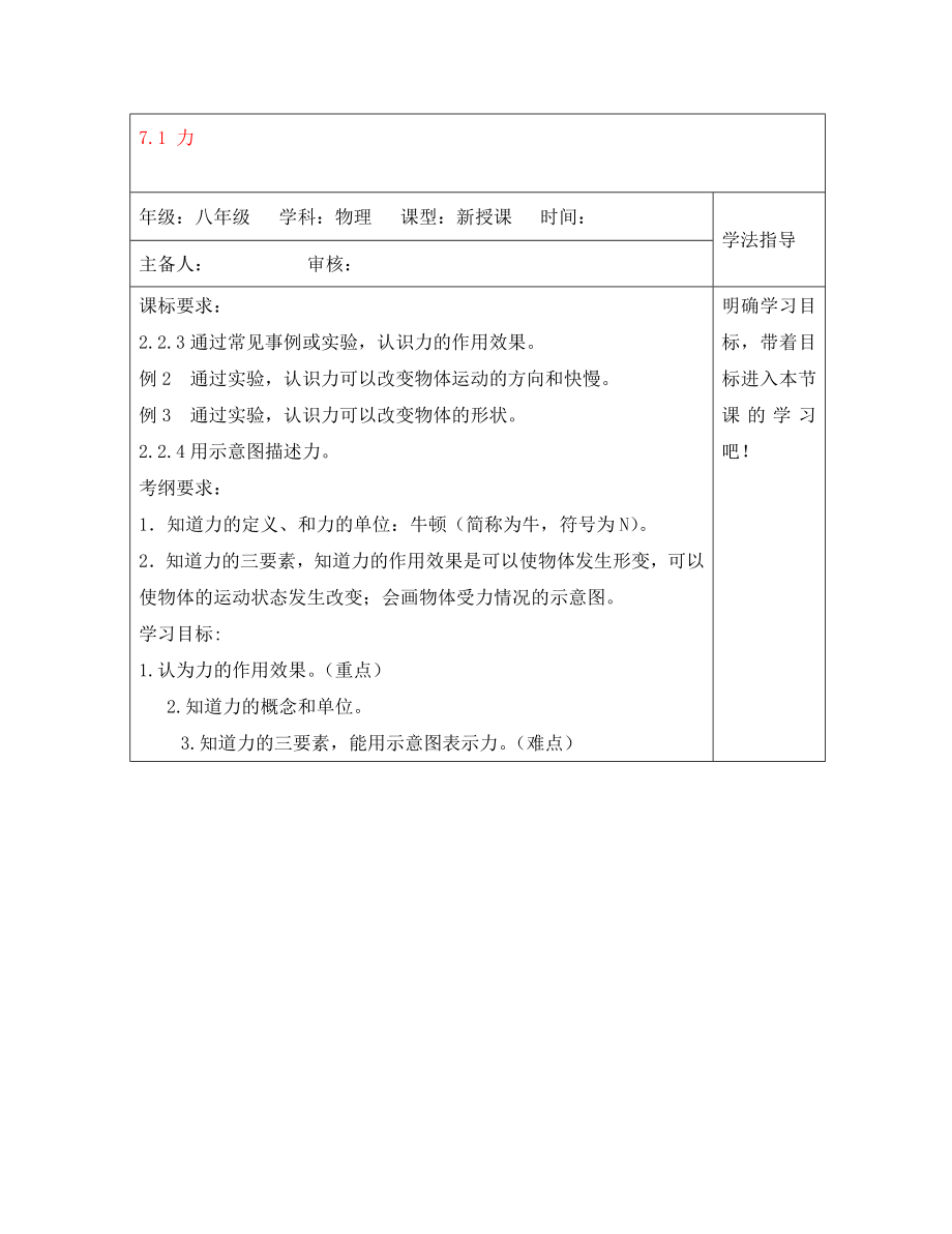 安徽省阜阳市太和县郭庙中学八年级物理下册 7.1 力导学案（无答案）（新版）新人教版_第1页