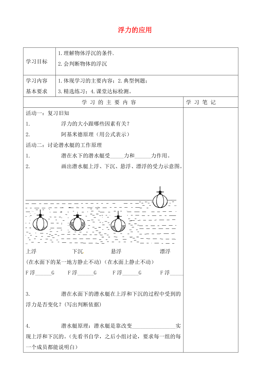 山東省廣饒縣花官鎮(zhèn)中心初中2020屆中考物理一輪復(fù)習(xí) 浮力的應(yīng)用學(xué)案（無答案）_第1頁