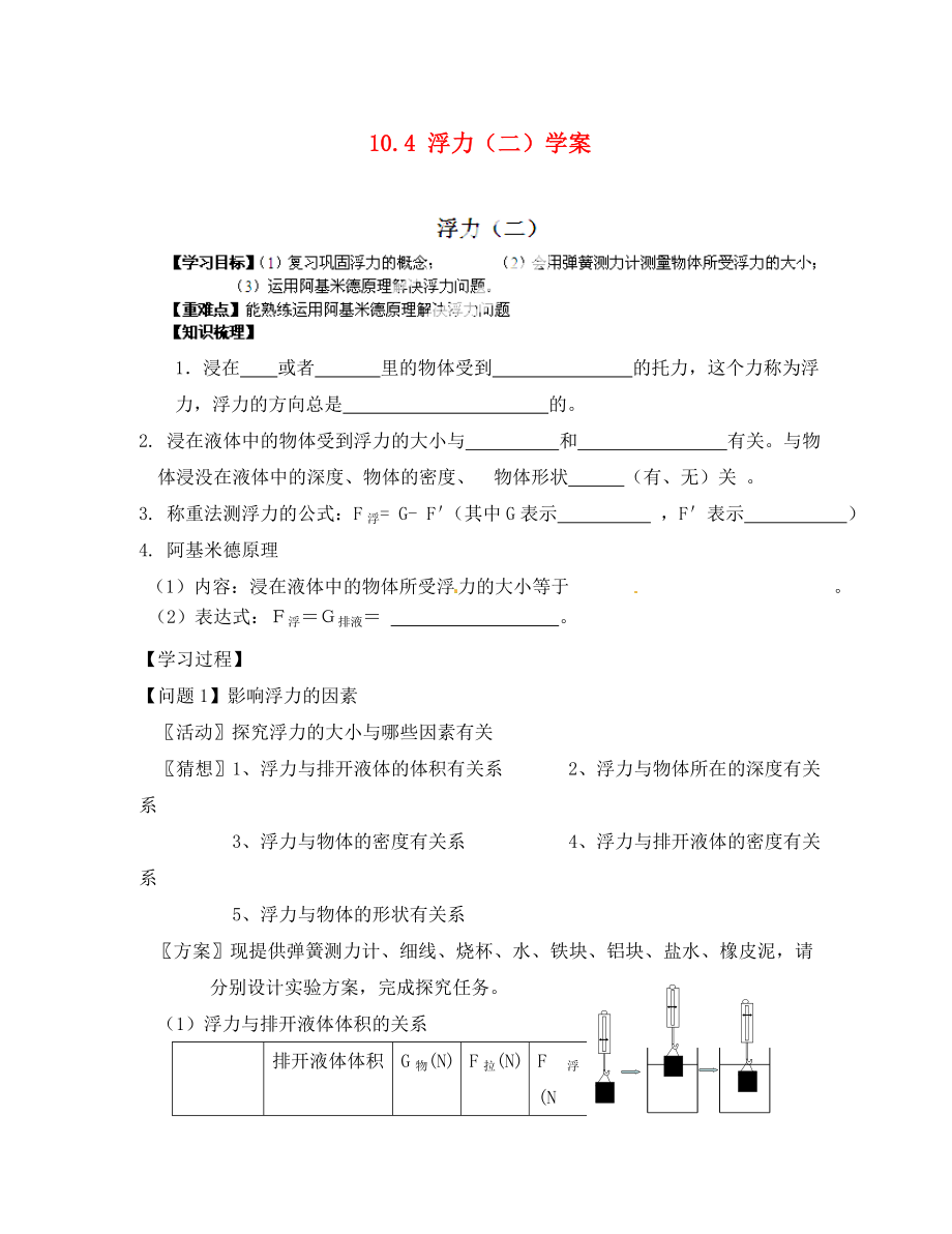 江蘇省南京市江寧區(qū)湯山初級中學八年級物理下冊 10.4 浮力（二）學案（無答案） 蘇科版_第1頁