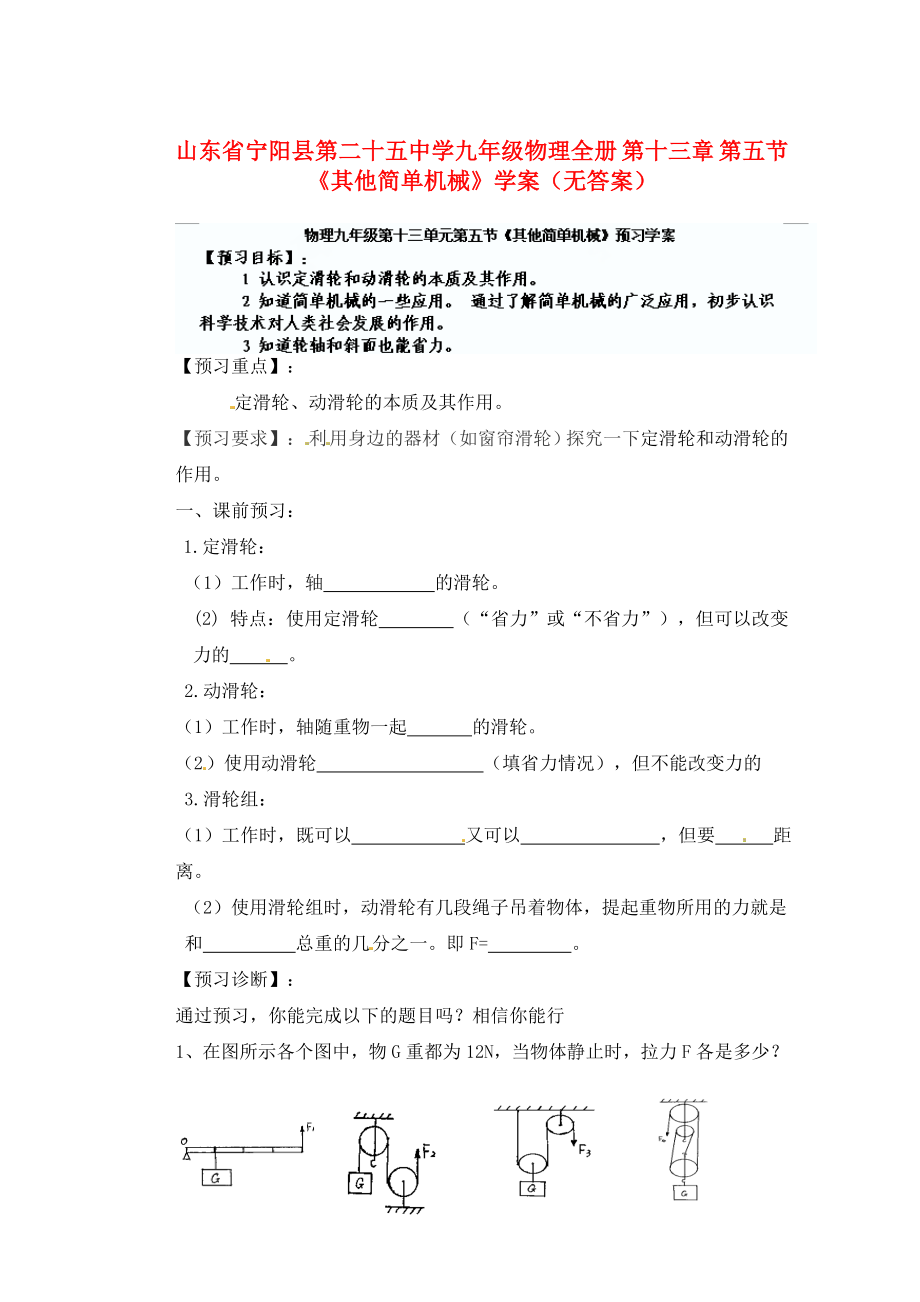 山東省寧陽縣第二十五中學(xué)九年級(jí)物理全冊(cè) 第十三章 第五節(jié)《其他簡(jiǎn)單機(jī)械》學(xué)案（無答案） 新人教版_第1頁