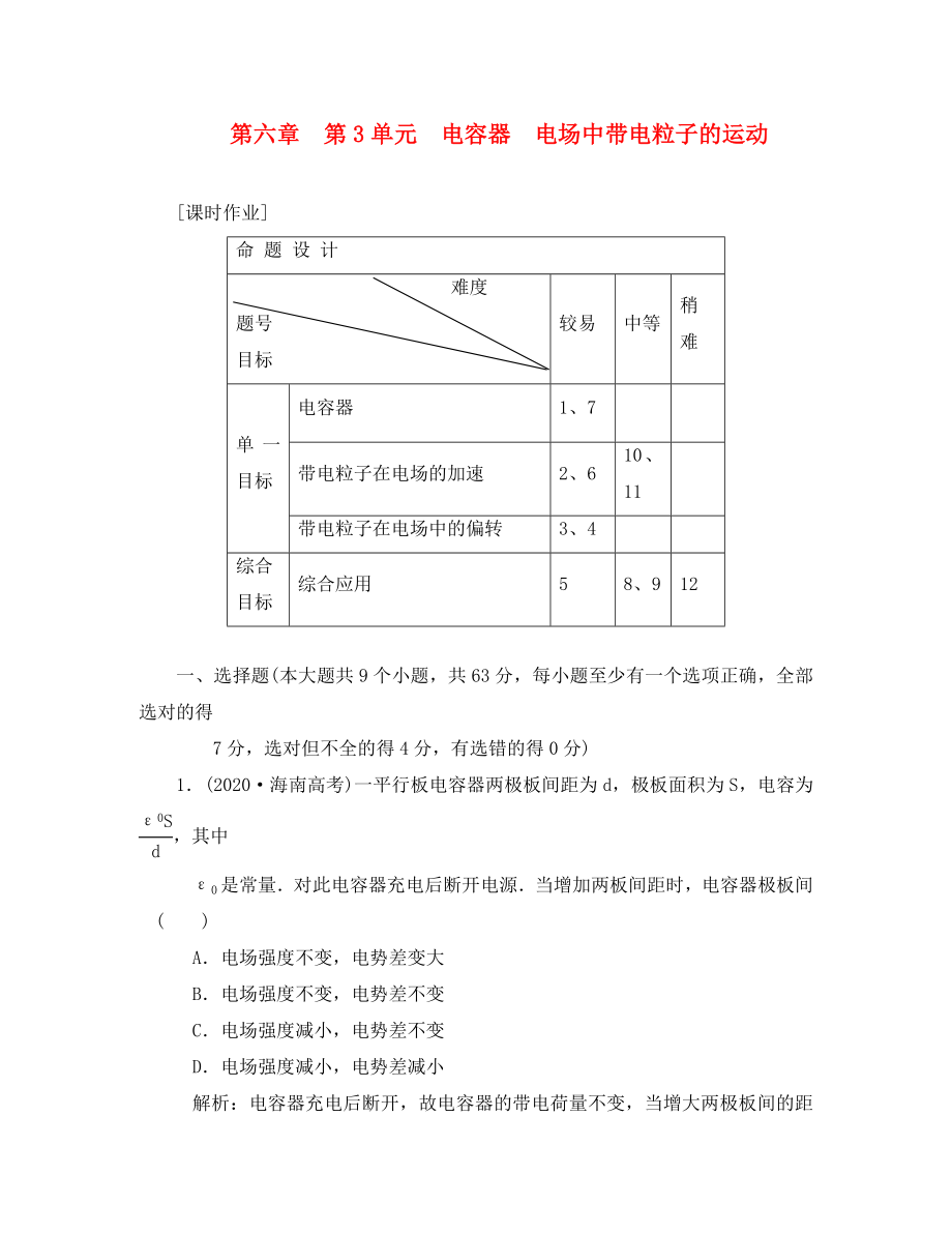 2020屆高三物理練習(xí) 電容器電場(chǎng)中帶電粒子的運(yùn)動(dòng) 新人教版_第1頁(yè)