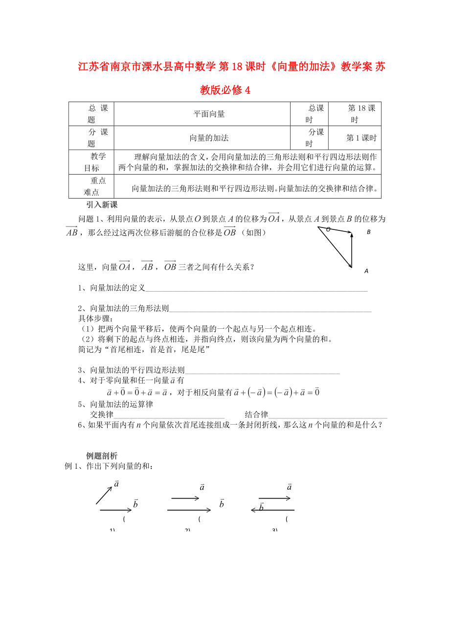 江蘇省南京市溧水縣高中數(shù)學 第18課時《向量的加法》教學案 蘇教版必修4_第1頁