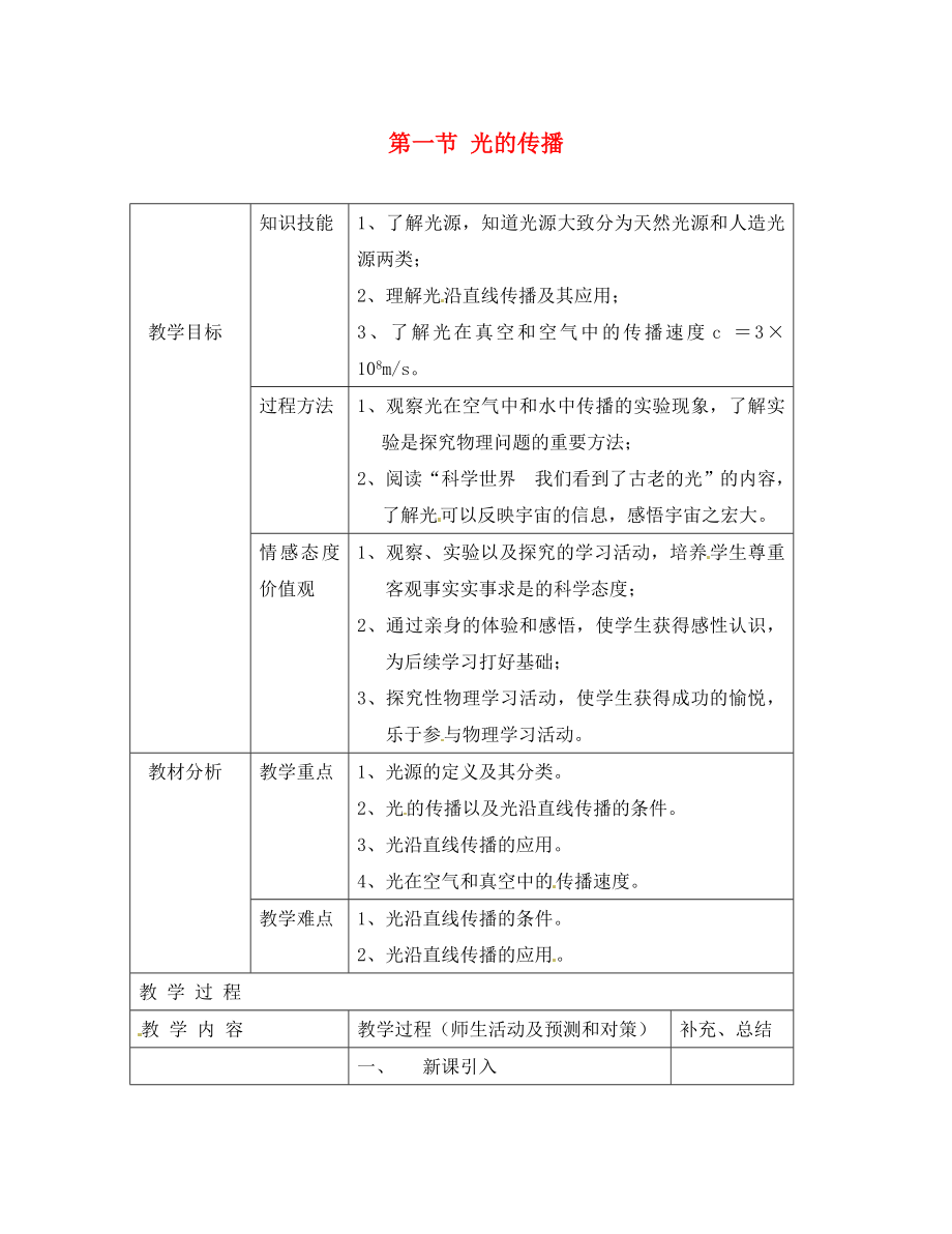 安徽省樅陽(yáng)縣錢橋初級(jí)中學(xué)八年級(jí)物理上冊(cè) 第一節(jié) 光的傳播教案 新人教版_第1頁(yè)