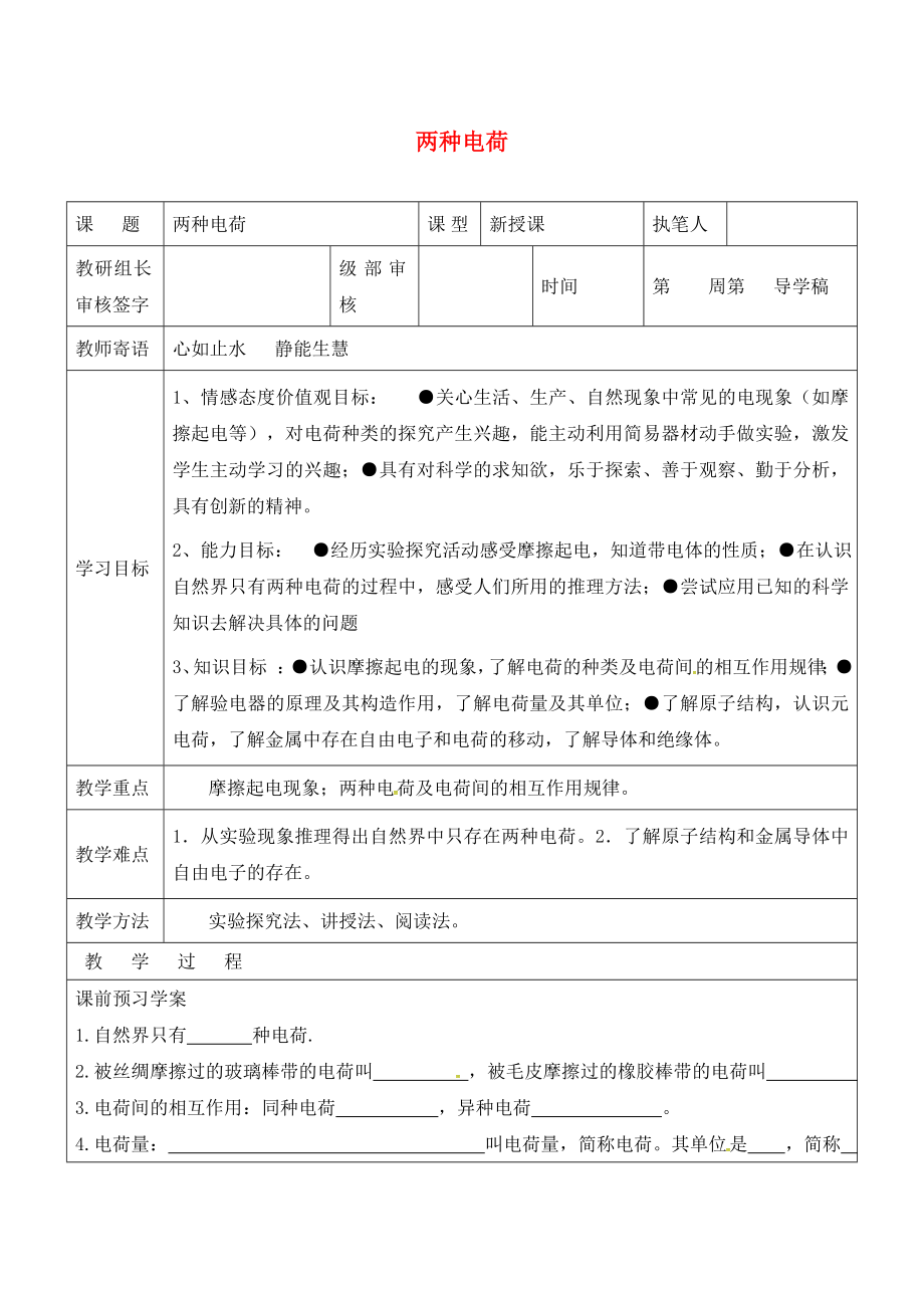 山東省廣饒縣廣饒街道九年級物理全冊 15.1 兩種電荷學(xué)案（無答案）（新版）新人教版（通用）_第1頁