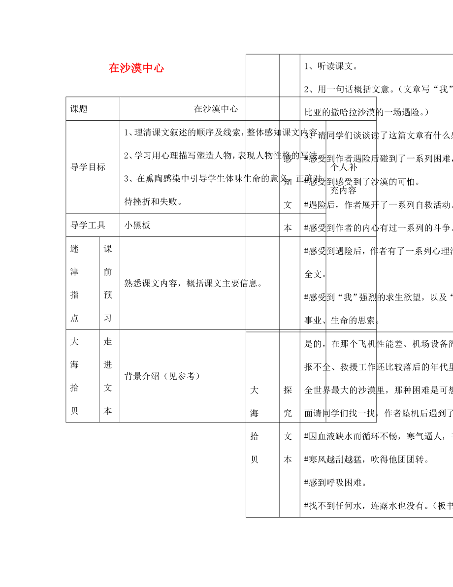 江西省吉安縣鳳凰中學(xué)七年級語文下冊 在沙漠中心導(dǎo)學(xué)案（無答案） 新人教版_第1頁