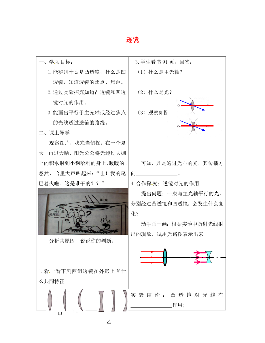 河北省豐寧滿族自治縣窄嶺中學(xué)八年級物理上冊 5.1 透鏡學(xué)案（無答案）（新版）新人教版_第1頁