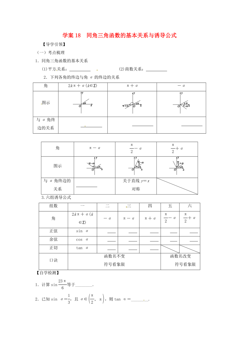 江蘇省新沂市第二中學(xué)高三數(shù)學(xué)復(fù)習(xí) 專題18 同角三角函數(shù)的基本關(guān)系與誘導(dǎo)公式學(xué)案 理 蘇科版_第1頁