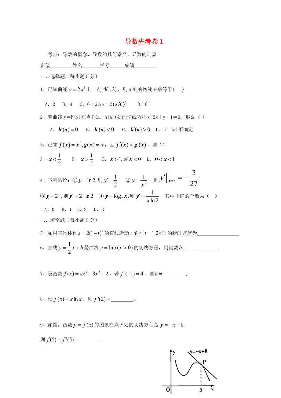 廣東省惠州市2020年高考數(shù)學復習 先考卷1 導數(shù)的概念、導數(shù)的幾何意義、導數(shù)的計算 文_第1頁