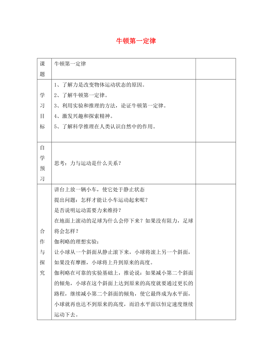 江蘇省徐州黃山外國語學校八年級物理下冊 牛頓第一定律學案（無答案） 蘇科版_第1頁