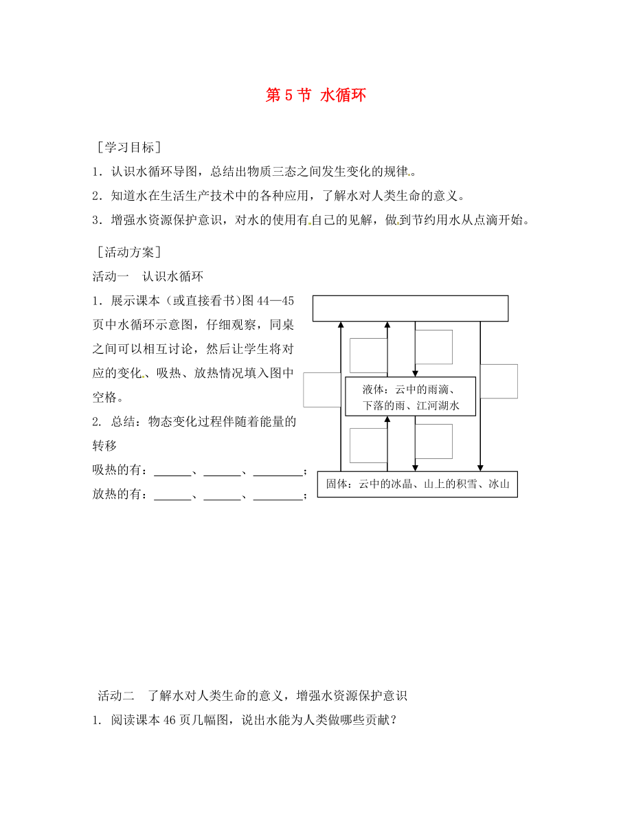 江蘇省淮安市八年級物理上冊 2.5 水循環(huán)導(dǎo)學(xué)案（無答案）（新版）蘇科版（通用）_第1頁